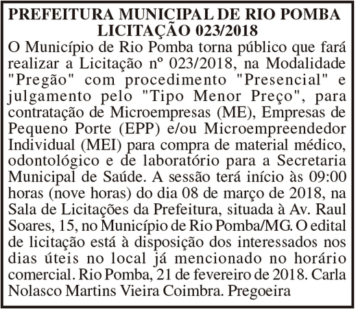 Prefeitura Municipal De Rio Pomba Licitação 23/02/18