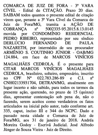 Edital De Citação – Cond. Resid. Pedro Ribeiro 23/02/18