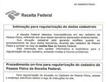 Cartas que pedem atualização de dados bancários na Receita Federal são falsas