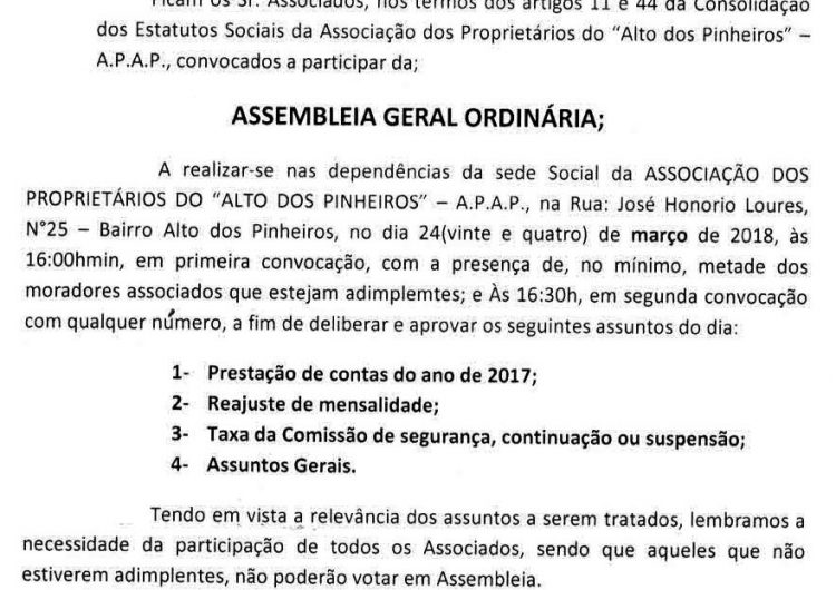 EDITAL DE CONVOCAÇÃO – APAP 09/03/2018