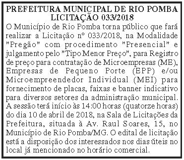 Prefeitura Municipal de Rio Pomba Licitação 028/2018