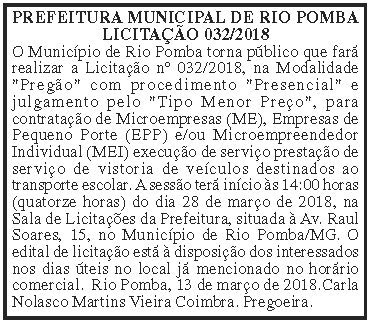 PREFEITURA MUNICIPAL DE RIO POMBA LICITAÇAÕ 032-2018