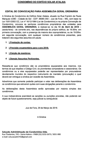 Edital de Convocação para Assembléia Geral Ordinária 01/04/18