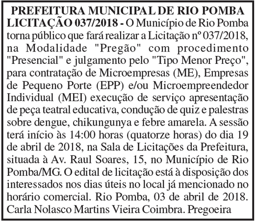 Prefeitura Rio Pomba Licitação 37 04/04/18