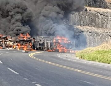 Caminhão-tanque pega fogo na BR-265